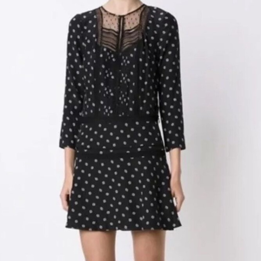 Veronica Beard Jasmine Mini Dress 100% Silk Crepe Lace Boho Black Print
